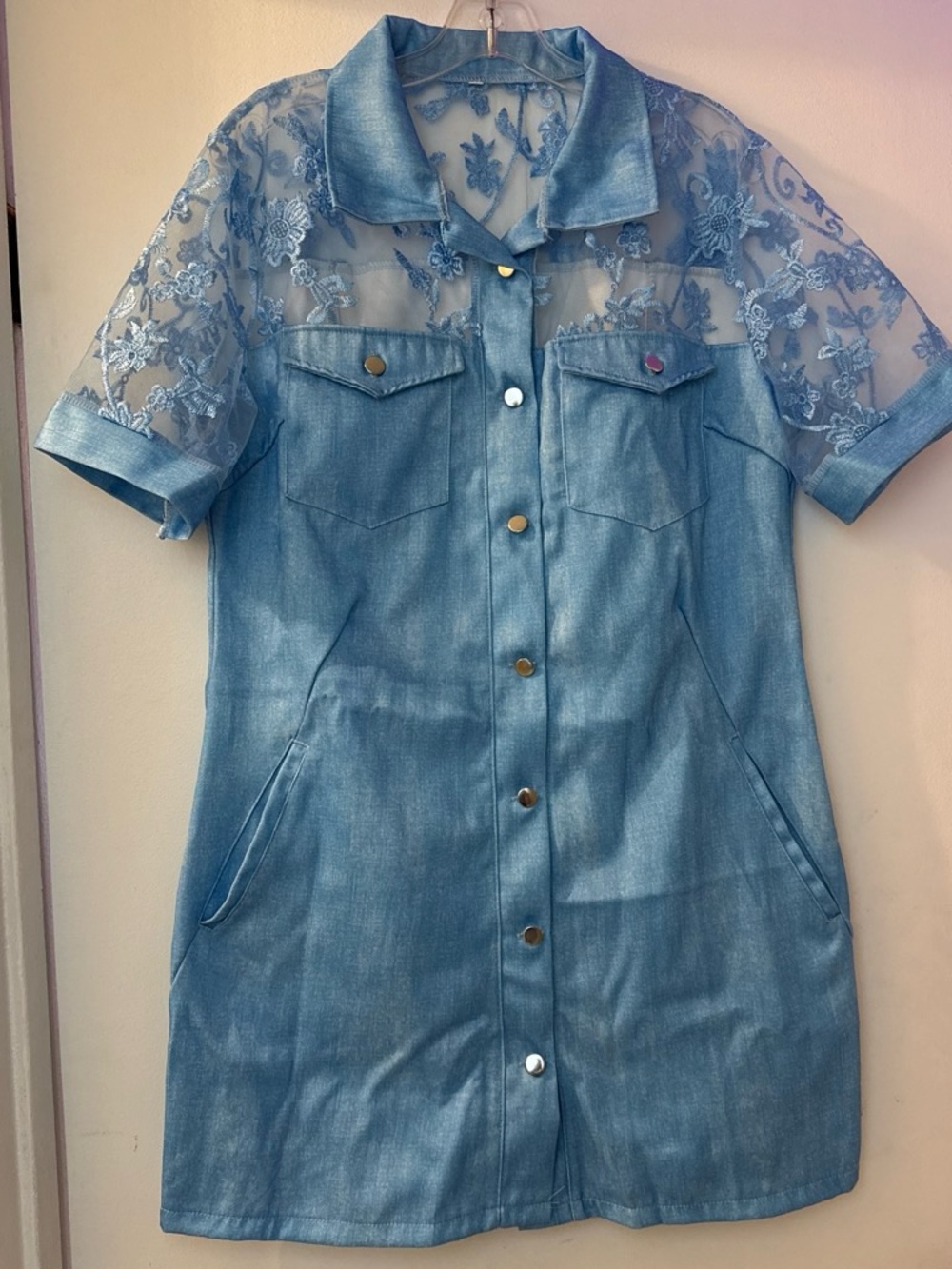Women's Light Blue Denim Mini Dress with Lace Yoke